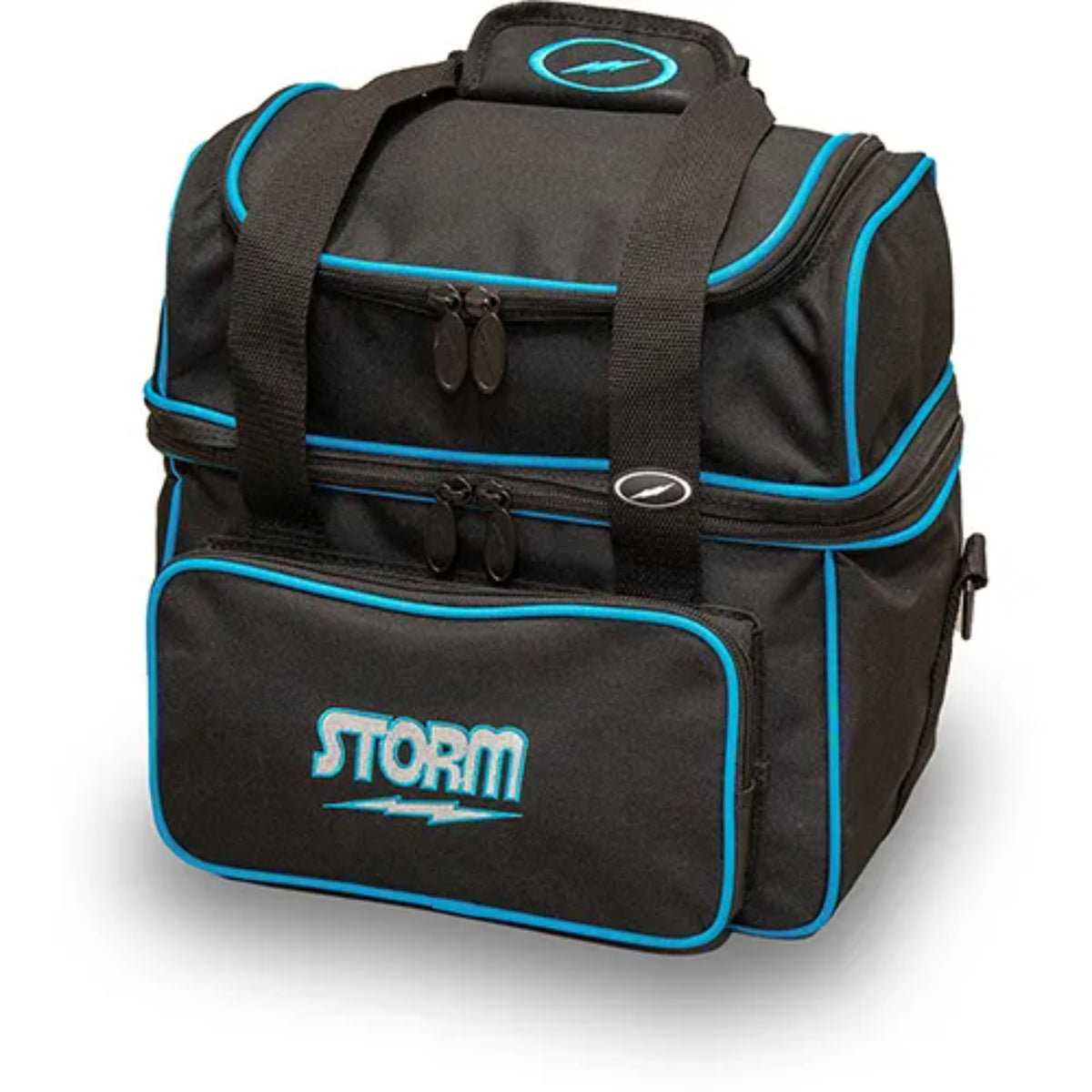 Black bowling bag with blue accents and 'Storm' branding on a white background