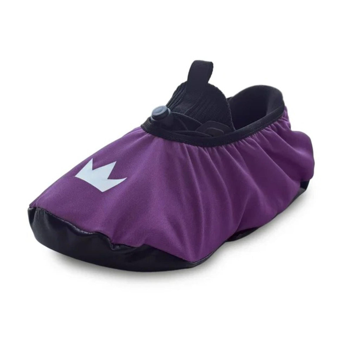 Protective shoe cover designed to slip over athletic shoes, helping keep soles clean and dry while walking around bowling areas.