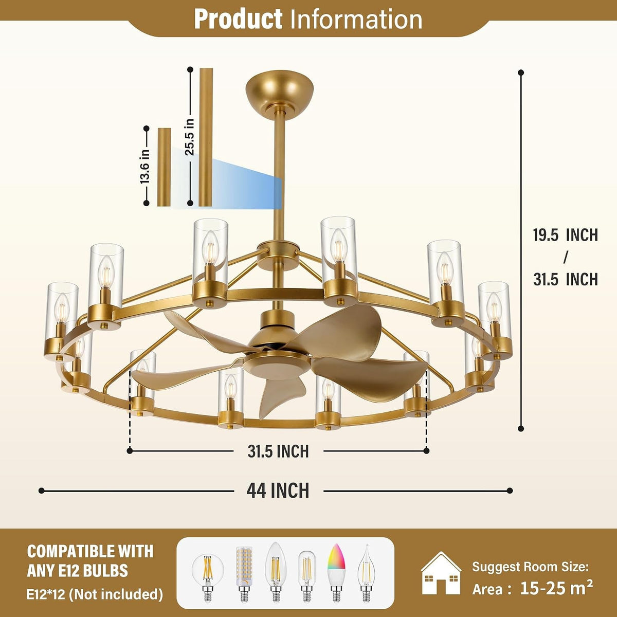44" Wagon Wheel Chandelier Ceiling Fan, 12-Light, Remote & App Control - View 3
