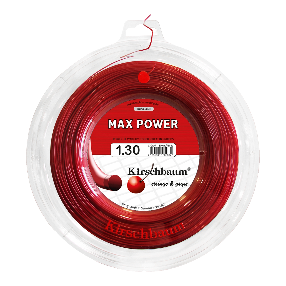 Kirschbaum Max Power Tennis String Reel, 660 ft in 1.30mm / 16G Red - Front View