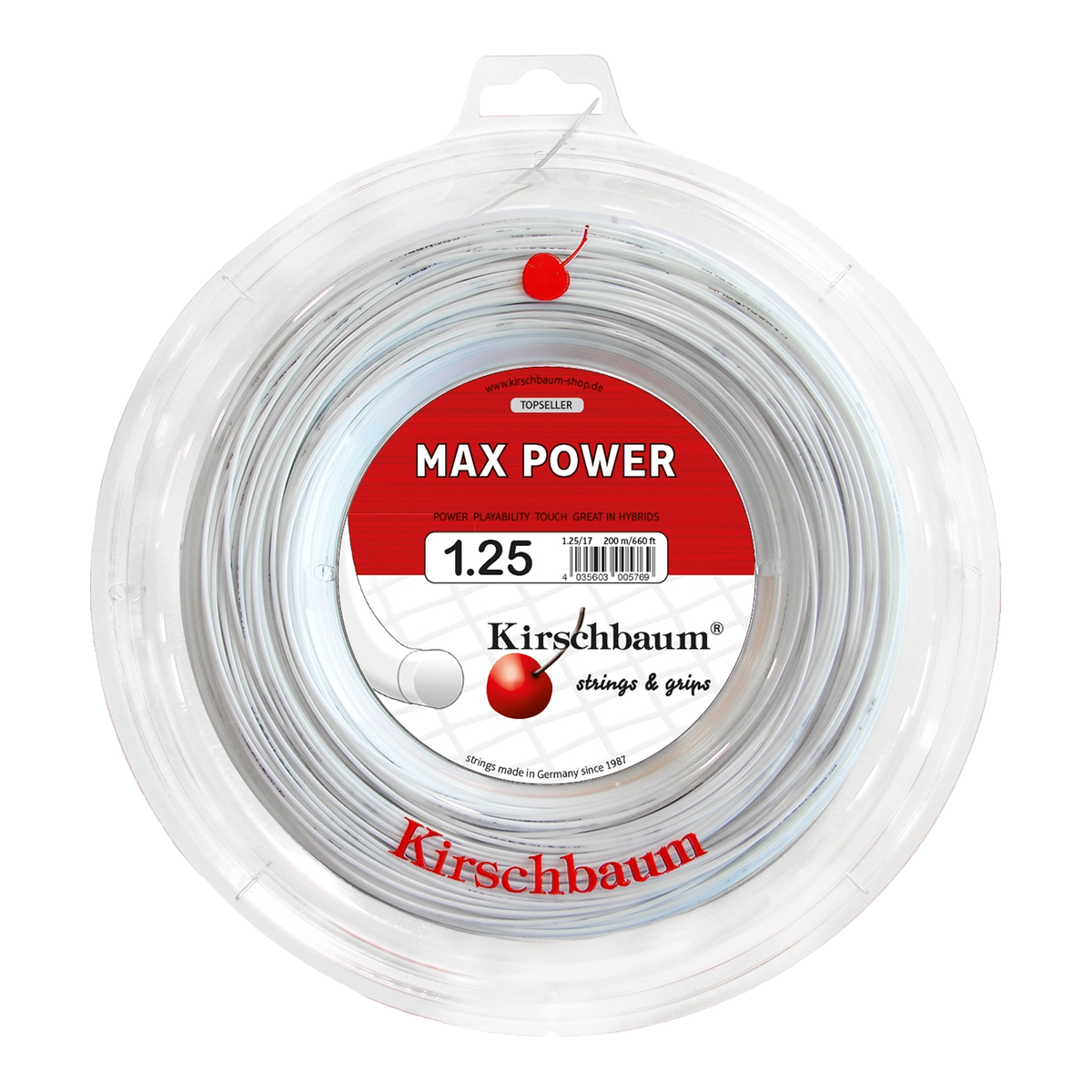 Kirschbaum Max Power Tennis String Reel, 660 ft in 1.25mm / 17G White - Front View