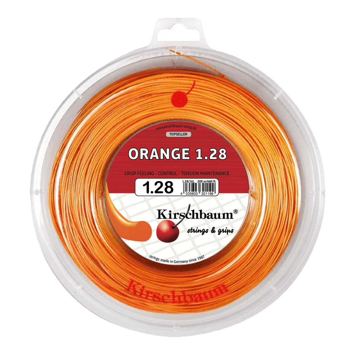 Kirschbaum Orange Tennis String Reel, 660 ft in 1.28mm / 16G - Front View