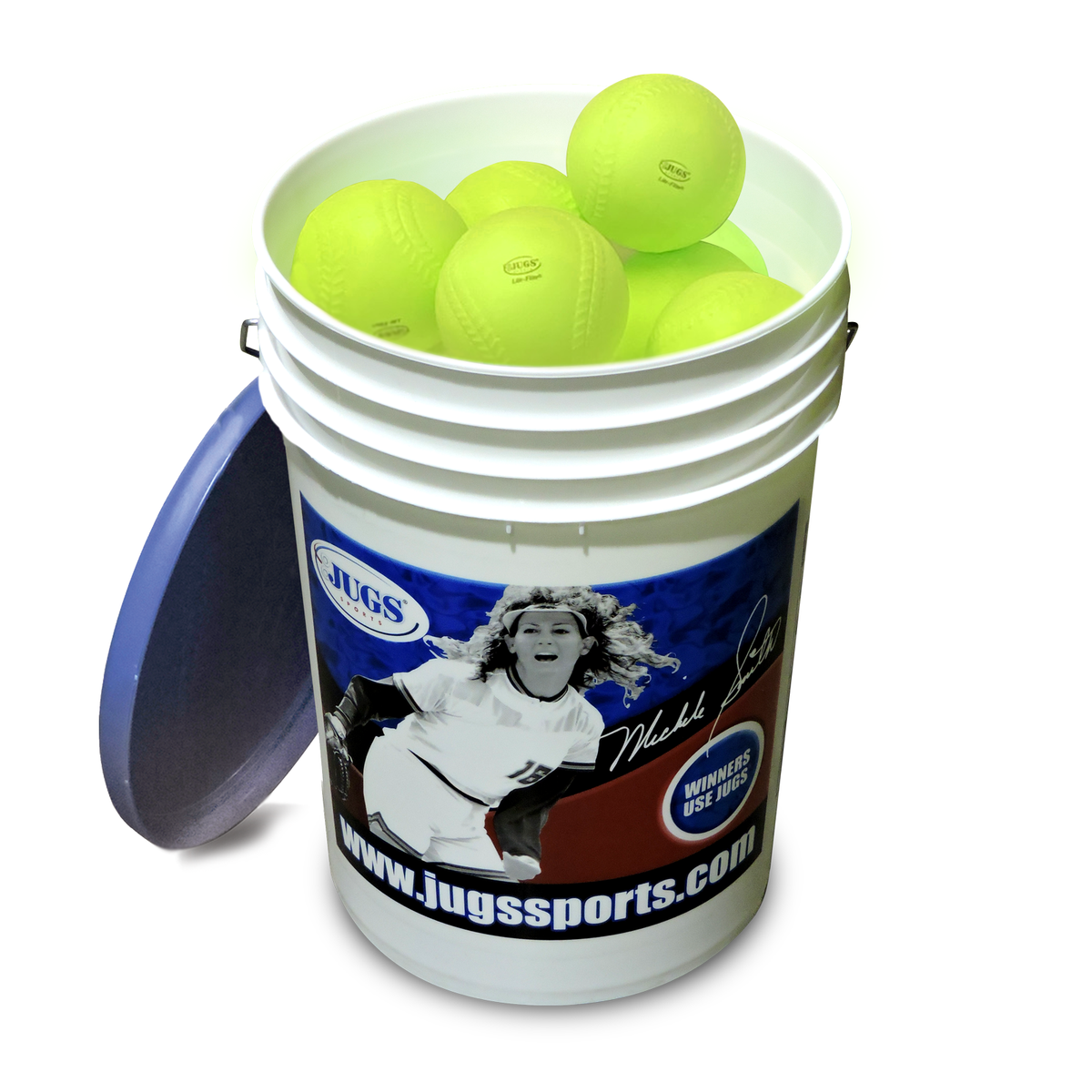 JUGS Big Bucket of Lite-Flite Softballs in 11" Lite-Flite Softballs and Smith Bucket - Front View