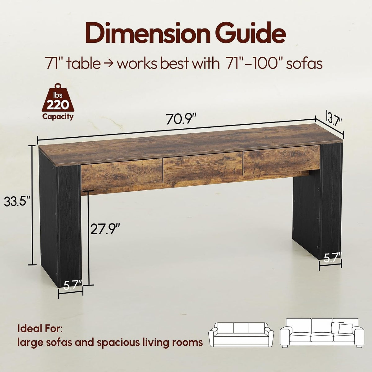 Console Table with 3 Drawers in Rustic Brown And Black or Oak - View 3