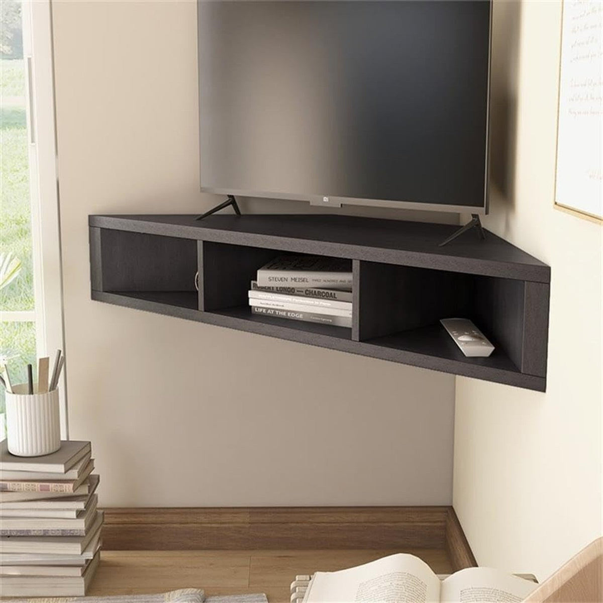 Corner Floating TV Stand with 3 Open Shelves - View 7