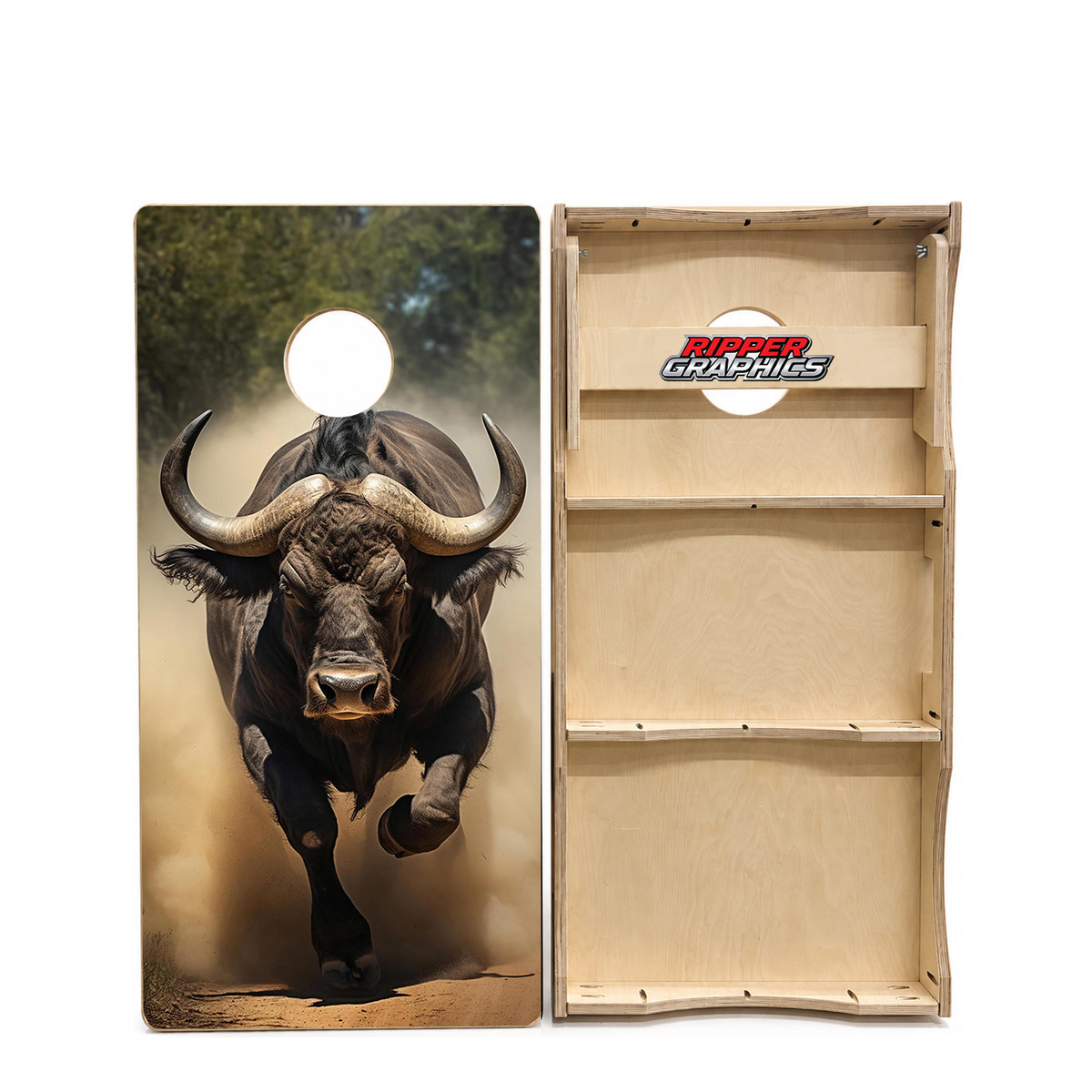 Charging African Cape Buffalo Cornhole Design product photo