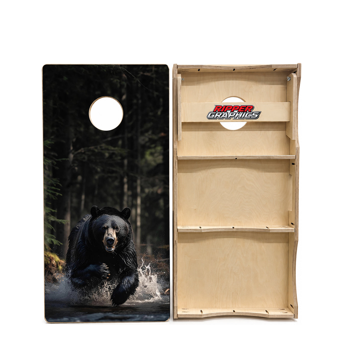 Charging Black Bear Cornhole Design product photo