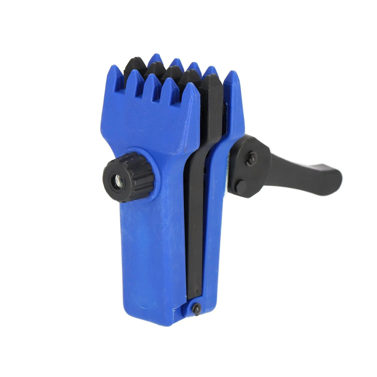 Composite tennis floating clamp with adjustable gripping jaws and handle, designed to securely hold strings during restringing.