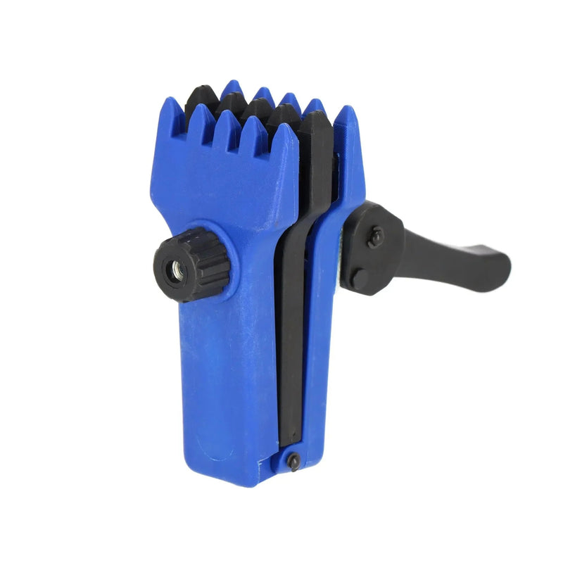 Composite tennis floating clamp with adjustable gripping jaws and handle, designed to securely hold strings during restringing.