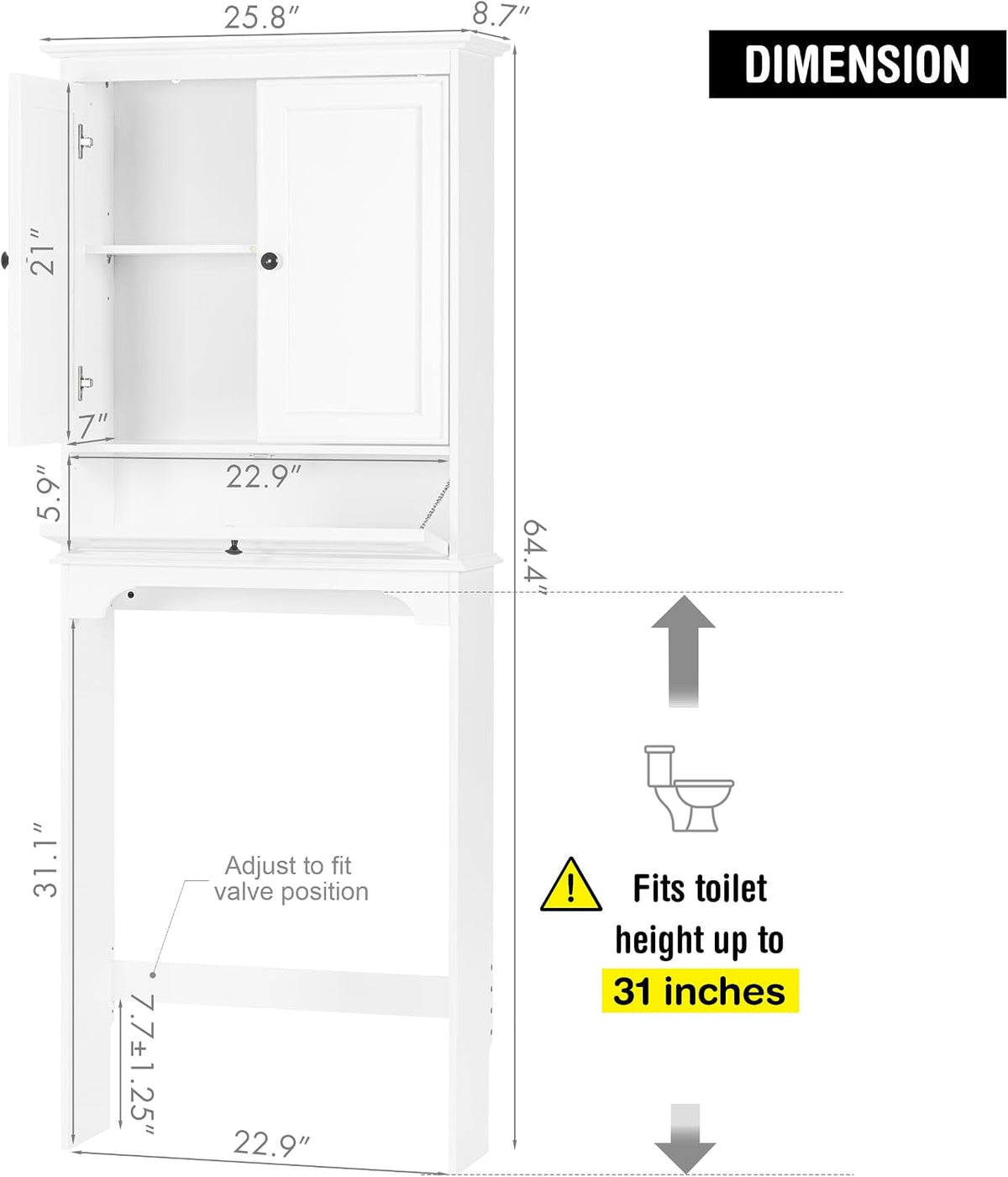 Over-the-Toilet Storage Cabinet with Tilt-Out Cube and Adjustable Shelf, White - View 3
