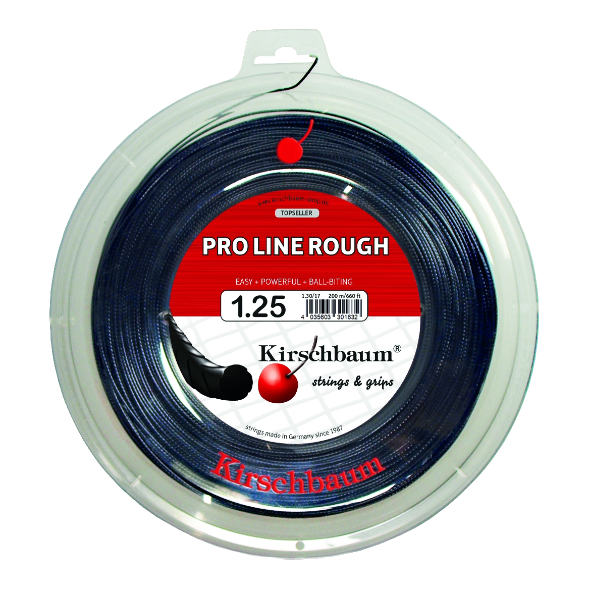 Kirschbaum Pro Line Rough Tennis String Reel, 660 ft in 1.25mm / 17G - Front View