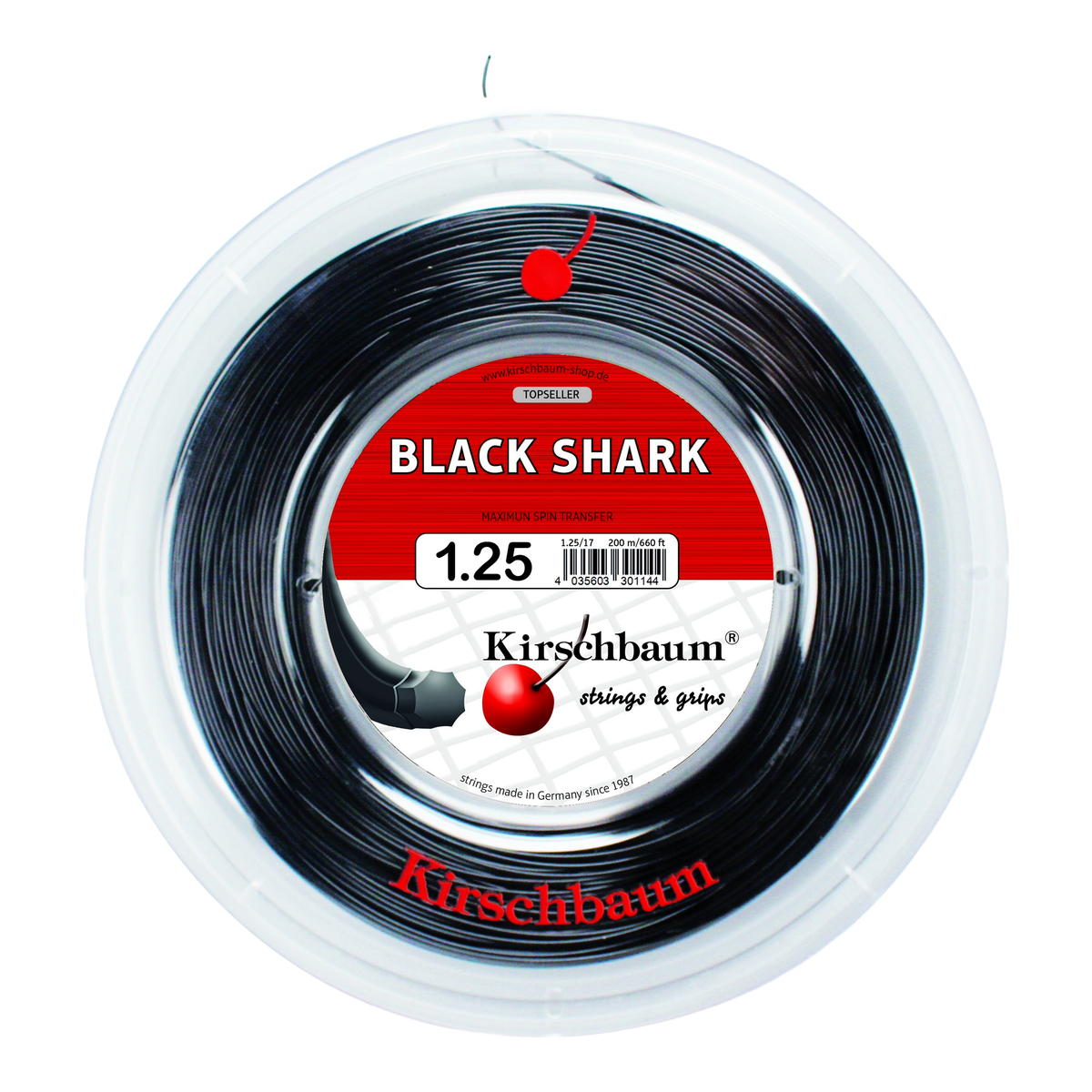 Kirschbaum Black Shark Tennis String Reel, 660 ft in 1.25mm / 17G - Front View