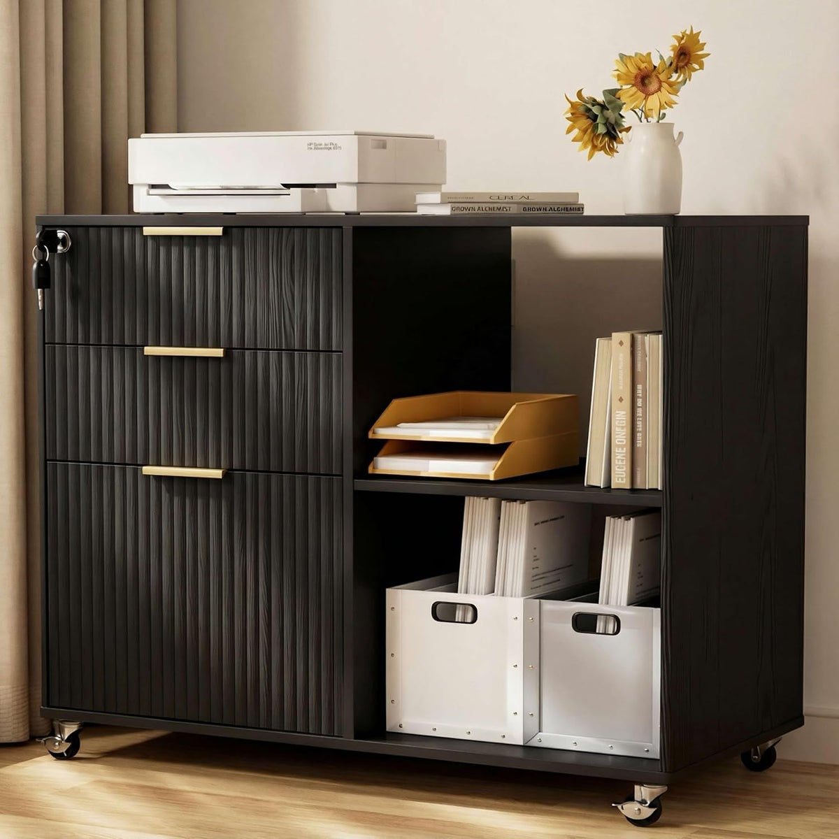 3-Drawer Mobile File Cabinet with Lock and Open Shelf - View 9