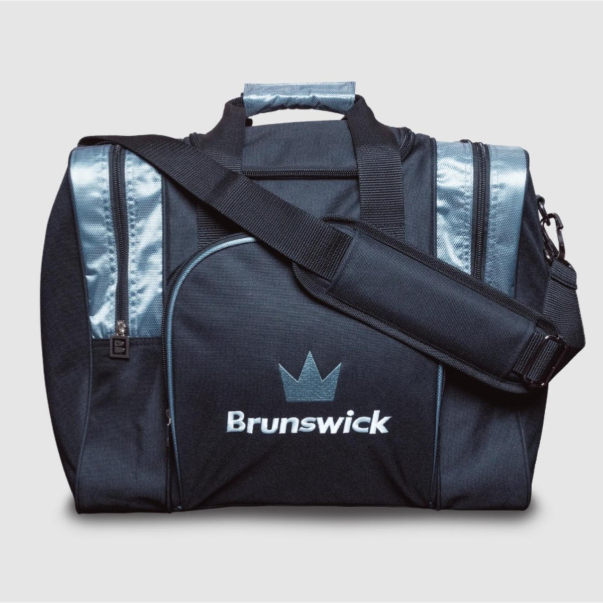 Single bowling ball tote bag with a zippered main compartment, padded shoulder strap, and multiple accessory pockets for convenient storage and transport.