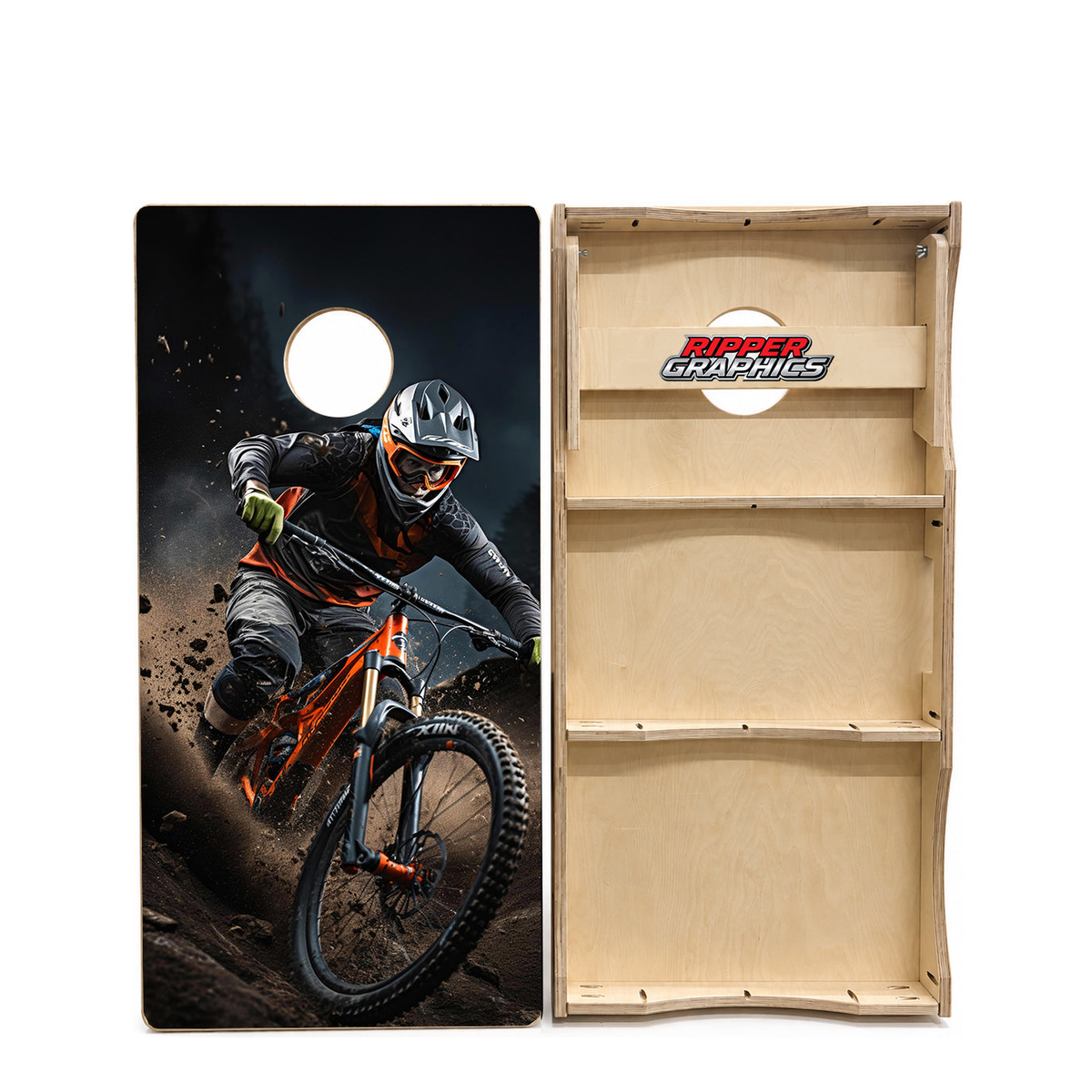 Downhill Mountain Bike Racer Cornhole Design product photo