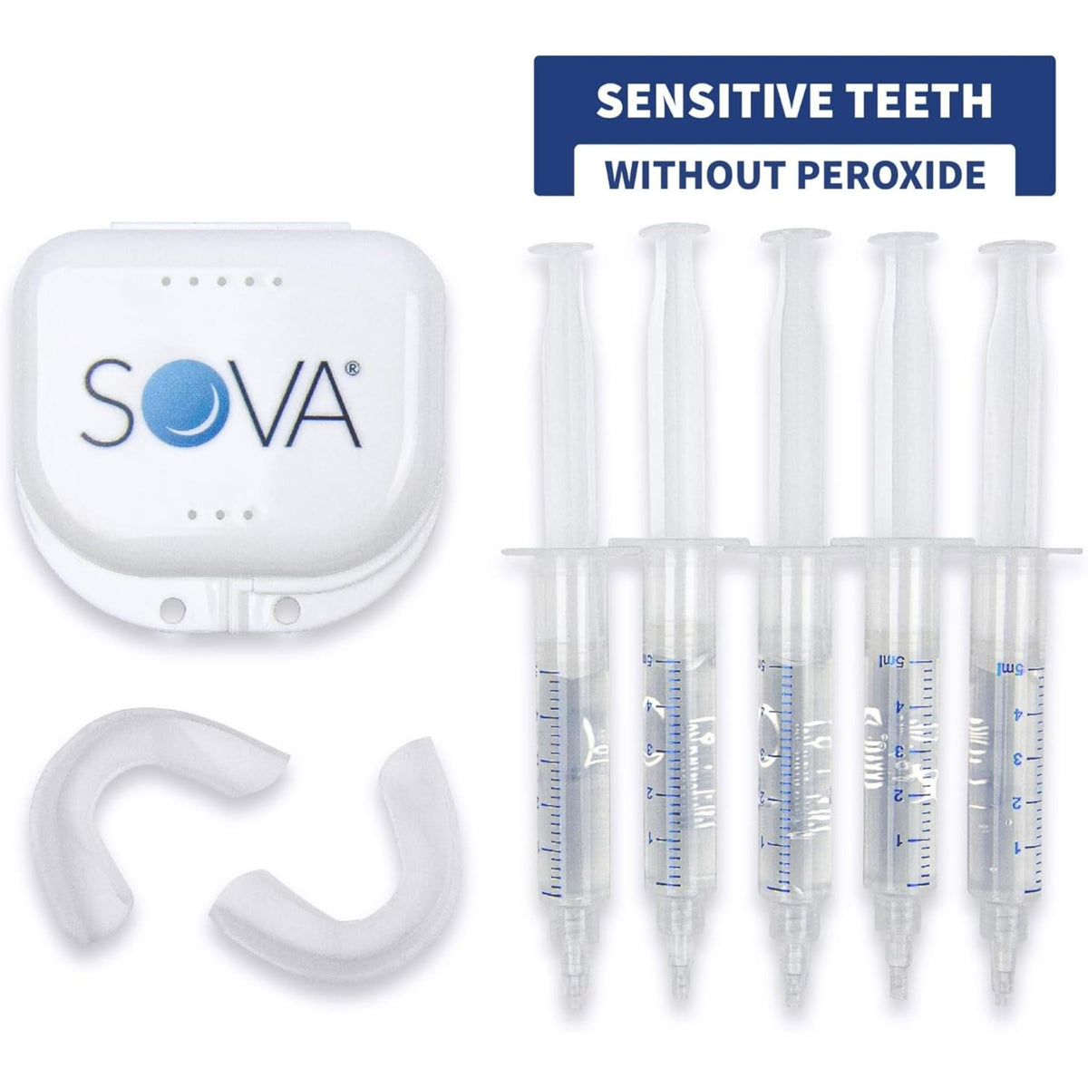 Teeth whitening kit bundle with dental tray, storage case, and multiple gel syringes for sensitive teeth.