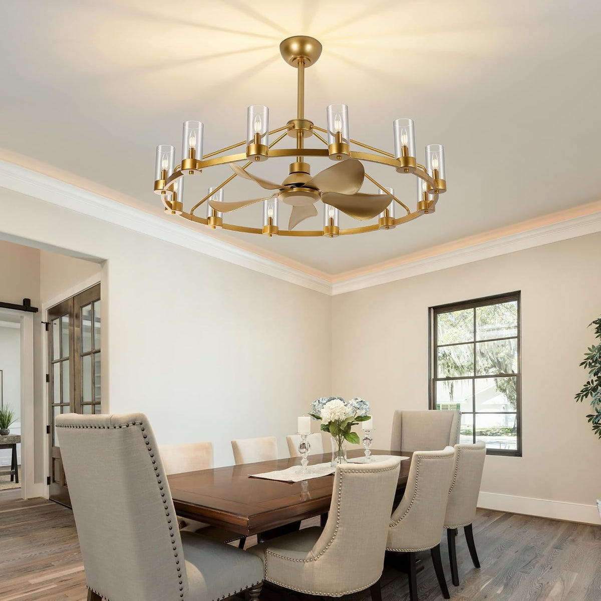 44" Wagon Wheel Chandelier Ceiling Fan, 12-Light, Remote & App Control - View 8