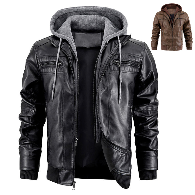 Men's PU Leather Motorcycle Jacket – Hooded Removable Bomber with Zipper Pockets