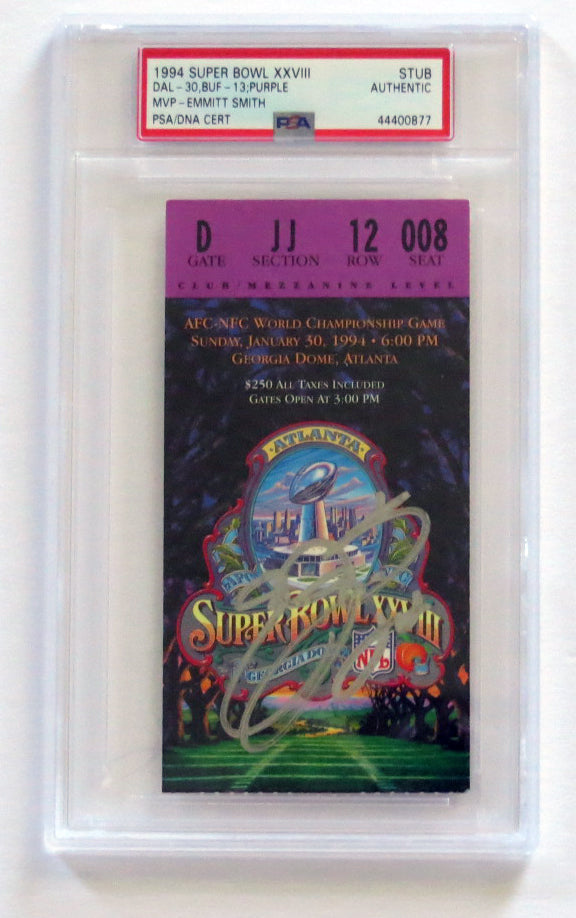 Emmitt Smith Autographed Dallas Cowboys Super Bowl XXVIII Encapsulated Ticket Stub PSA/DNA Purple