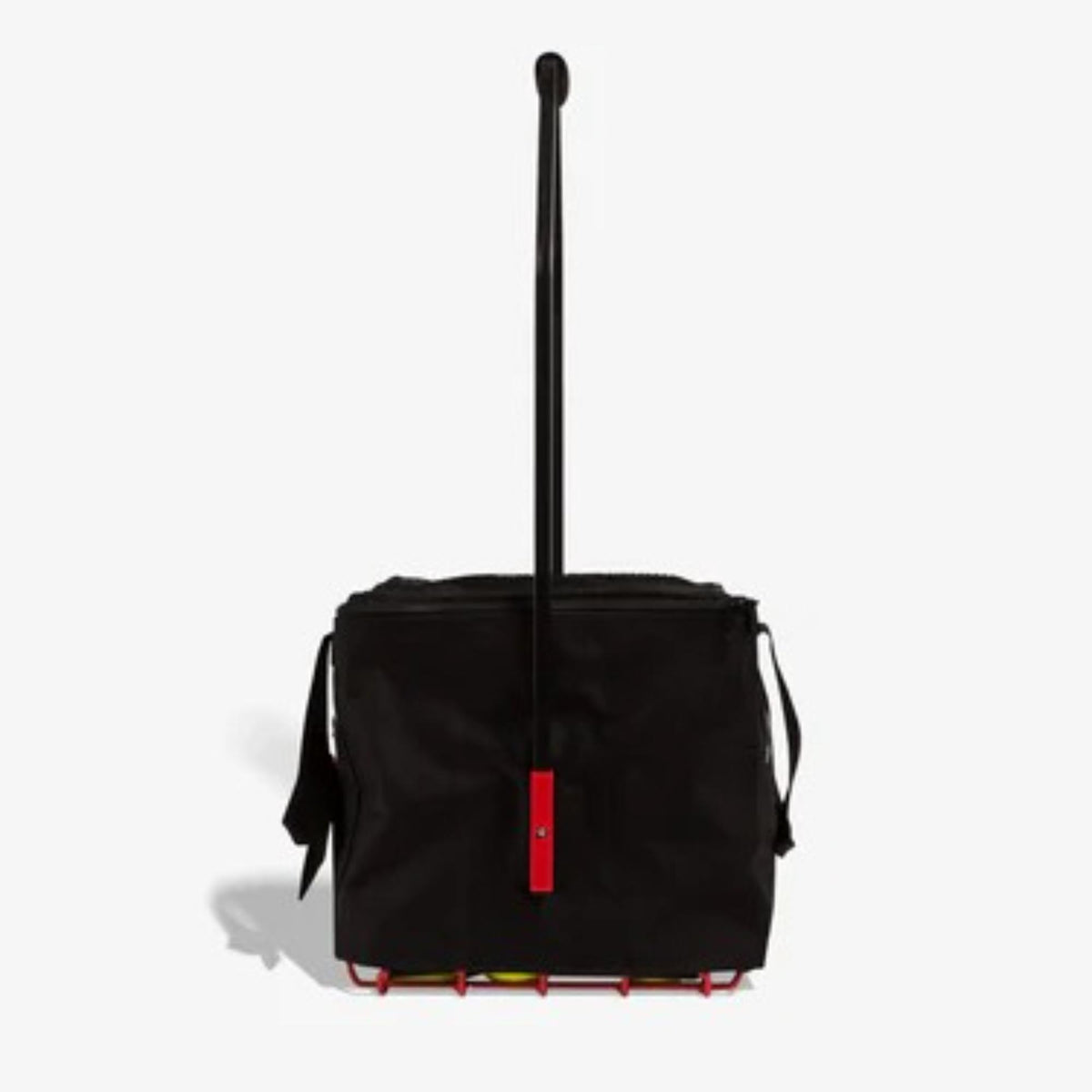 Portable ball hopper basket with fabric storage compartment, carry handles, and a standing frame for easy transport and access during practice.
