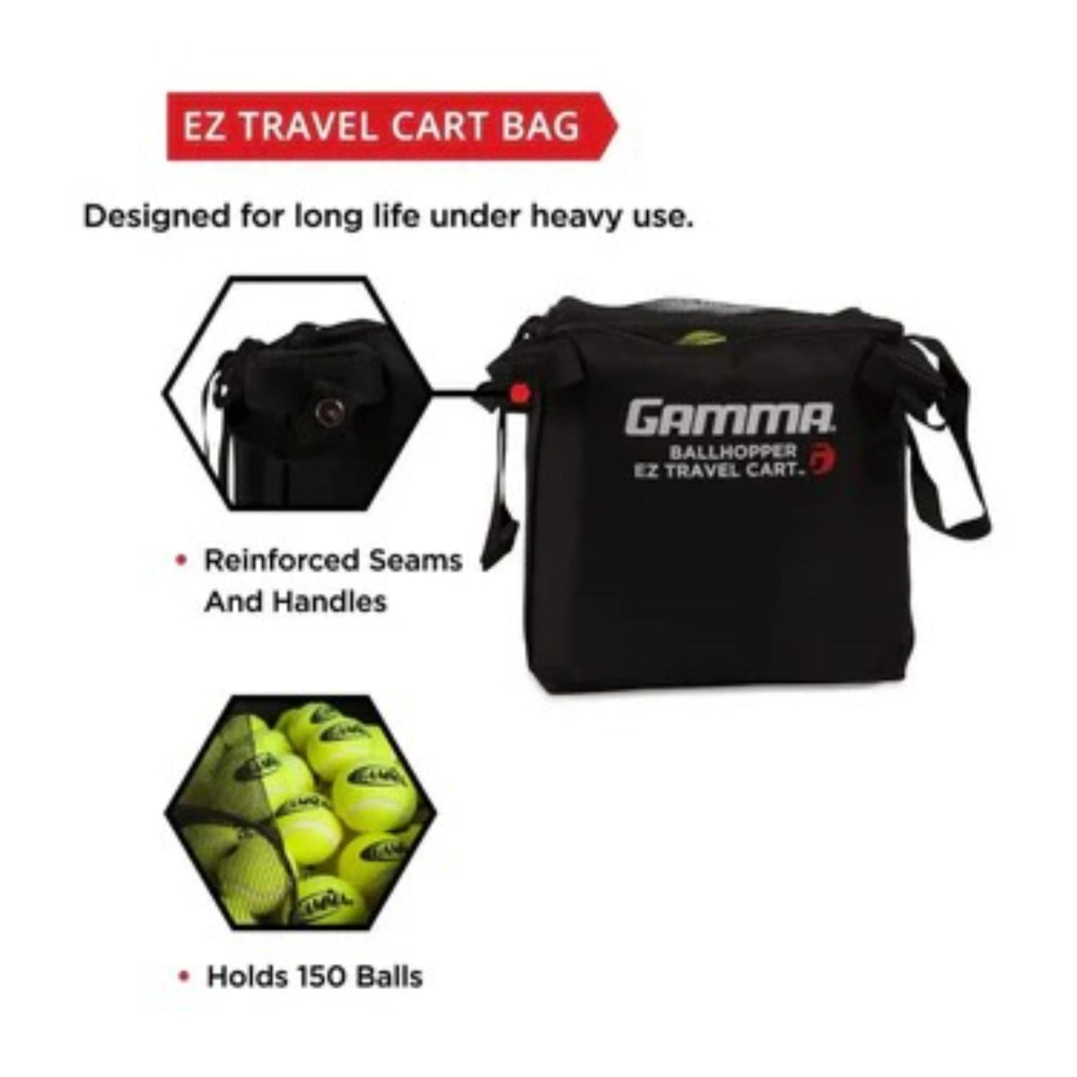 Soft-sided travel cart bag with large main compartment, carry handles, and side pockets, designed for transporting and storing balls and equipment.