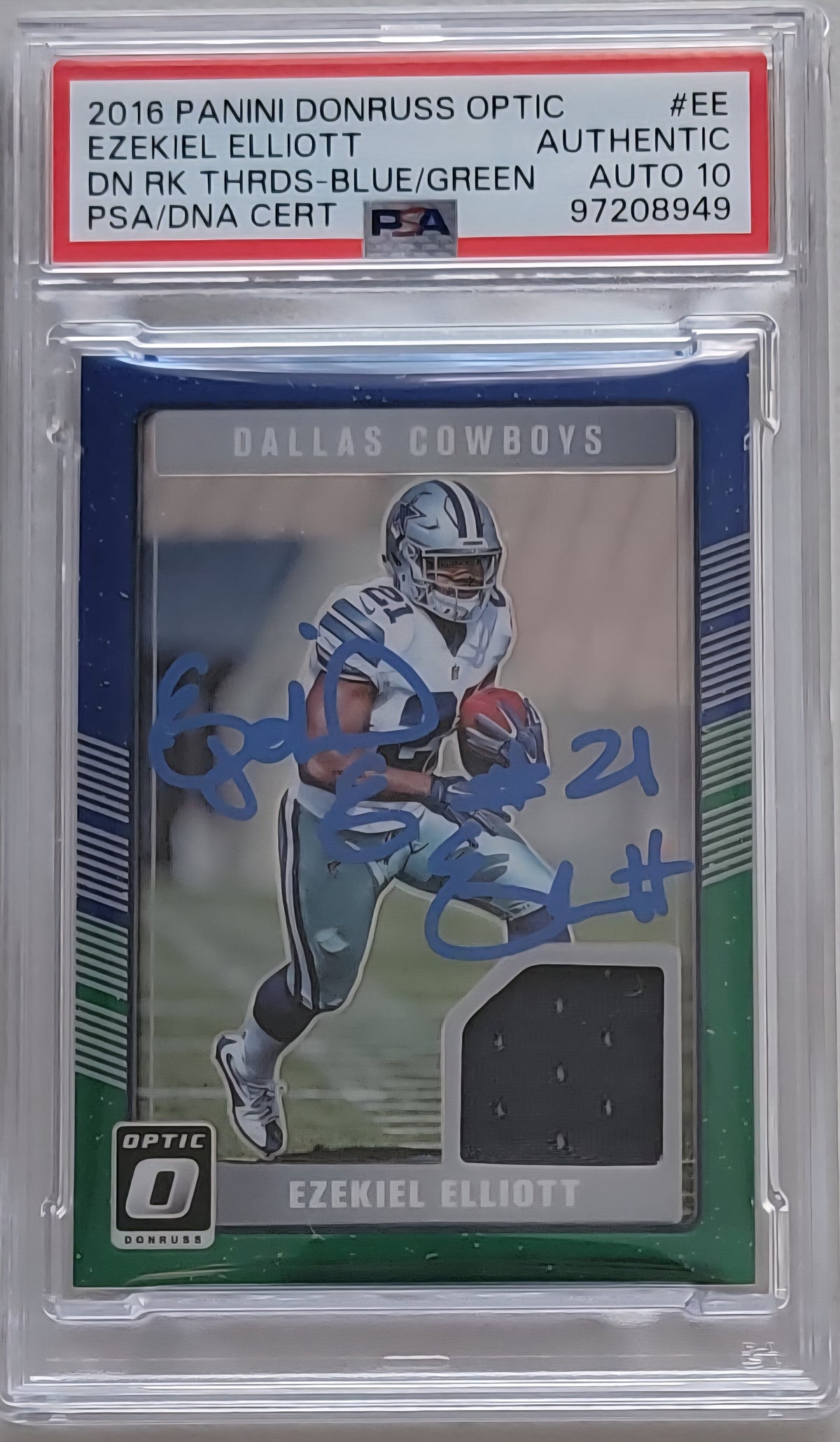 Ezekiel Elliott Signed 2016 Panini Donruss Optic Blue & Green EE Cowboys Rookie Card – PSA Auto 10
