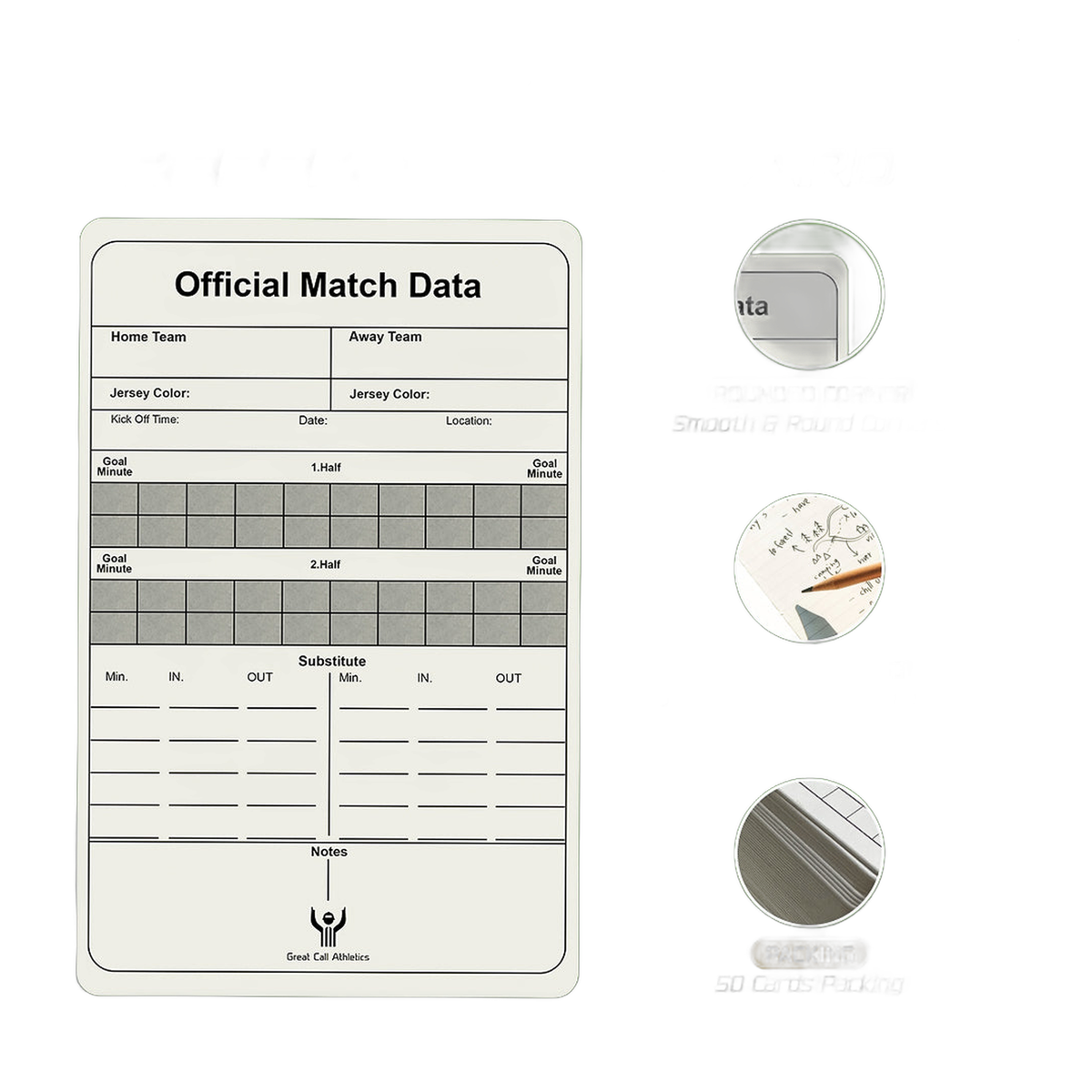 Great Call Athletics Soccer Referee Game Cards Pro 50 Pack Double Sided Thick Print Match Data Record Set