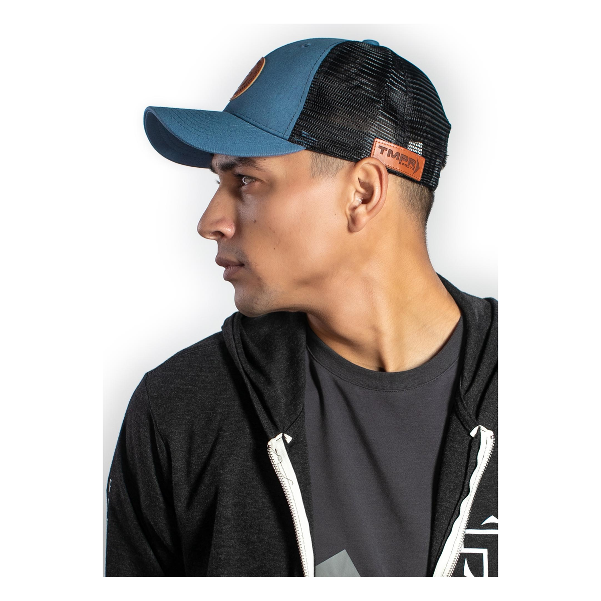 TMPR Legacy Trucker Cap, Blue and Black - Detail View 2
