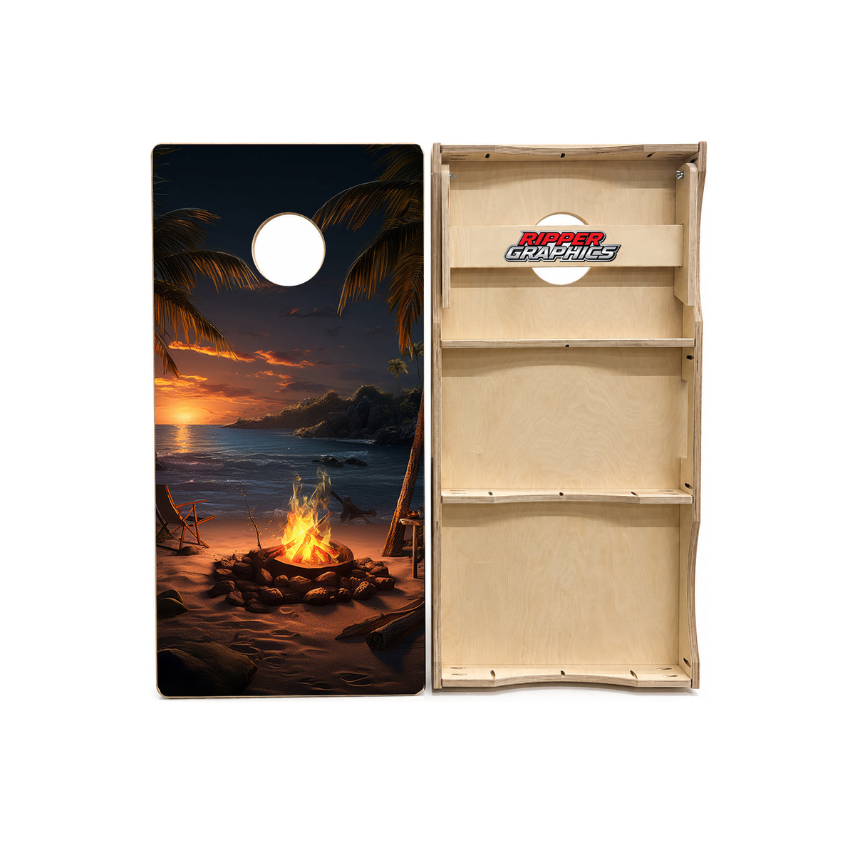 Fire on the Beach at Sun Set Cornhole Design product photo