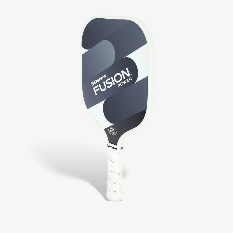 Pickleball paddle with a wide rounded face, smooth graphic design, and cushioned grip handle for enhanced power and control.