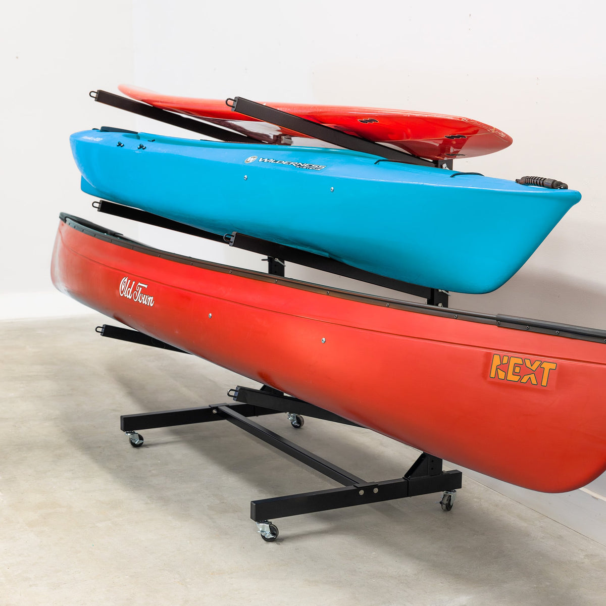 G-Watersport 3 Kayak & Canoe Rack | 3 Levels With Wheels | Single-Sided | Black
