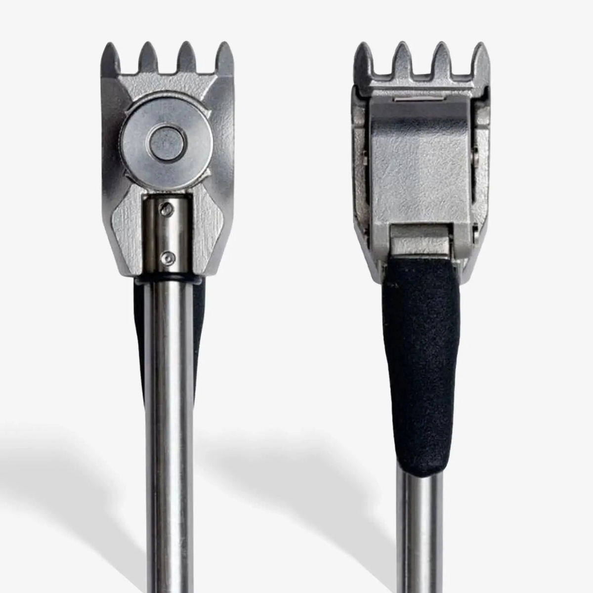Universal string clamp tool with a four-tooth gripping head and a metal handle, shown from front and back views.