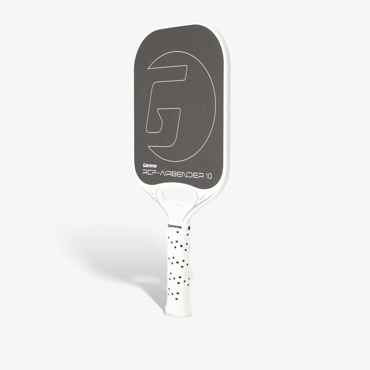 Pickleball paddle with a rectangular face, smooth hitting surface, large graphic logo, and a perforated cushioned grip handle.