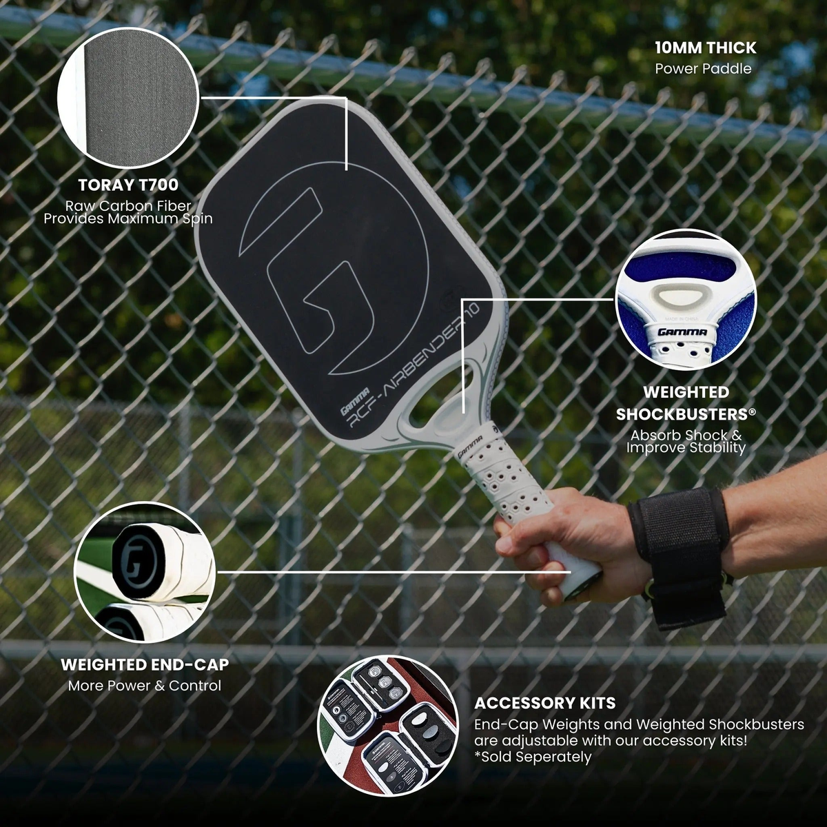 Pickleball paddle with a rectangular face, smooth hitting surface, large graphic logo, and a perforated cushioned grip handle.