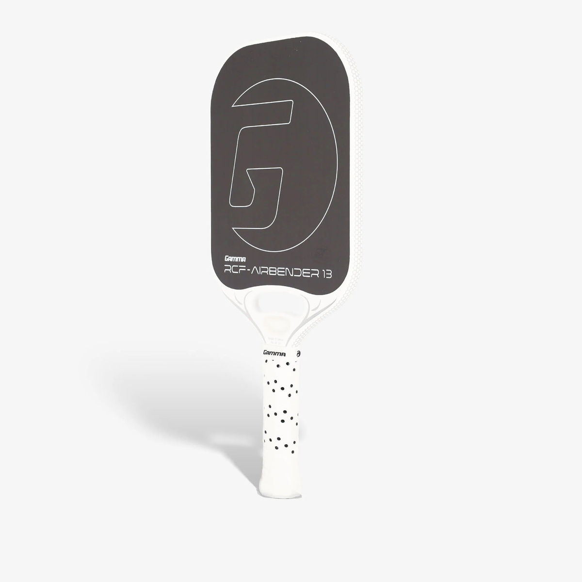 Pickleball paddle with a wide face design, textured hitting surface, and cushioned grip handle with perforations for improved control and comfort.