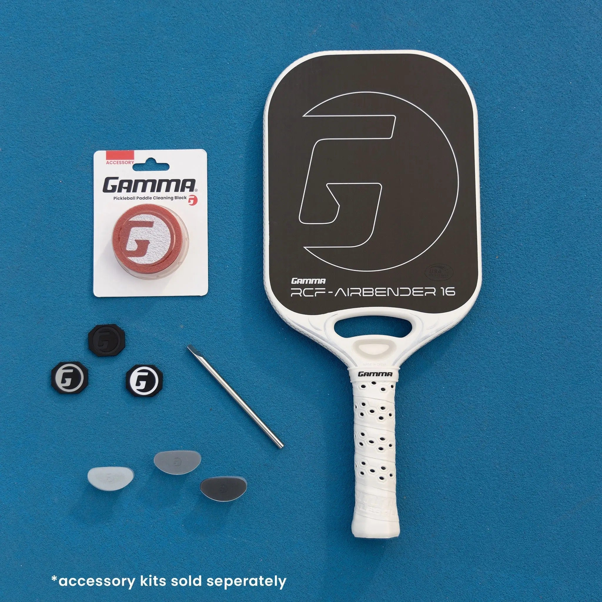Pickleball paddle with an elongated face design, textured hitting surface, and cushioned perforated grip handle for enhanced control and comfort.