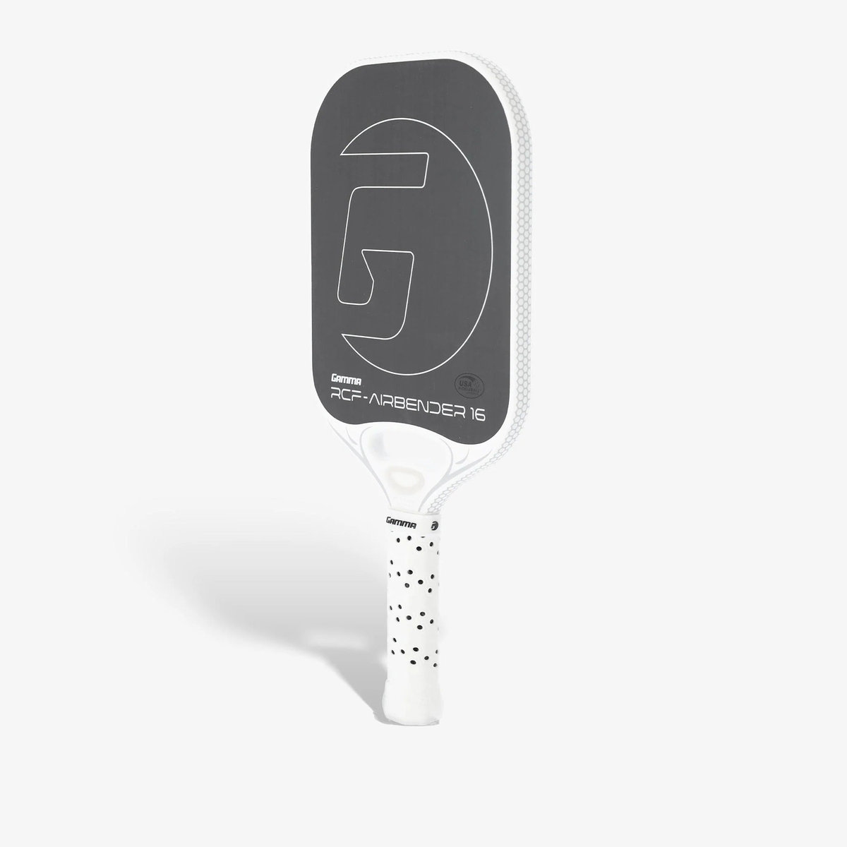 Pickleball paddle with an elongated face design, textured hitting surface, and cushioned perforated grip handle for enhanced control and comfort.