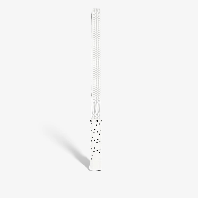 Pickleball paddle with an elongated face design, textured hitting surface, and cushioned perforated grip handle for improved control and comfort.