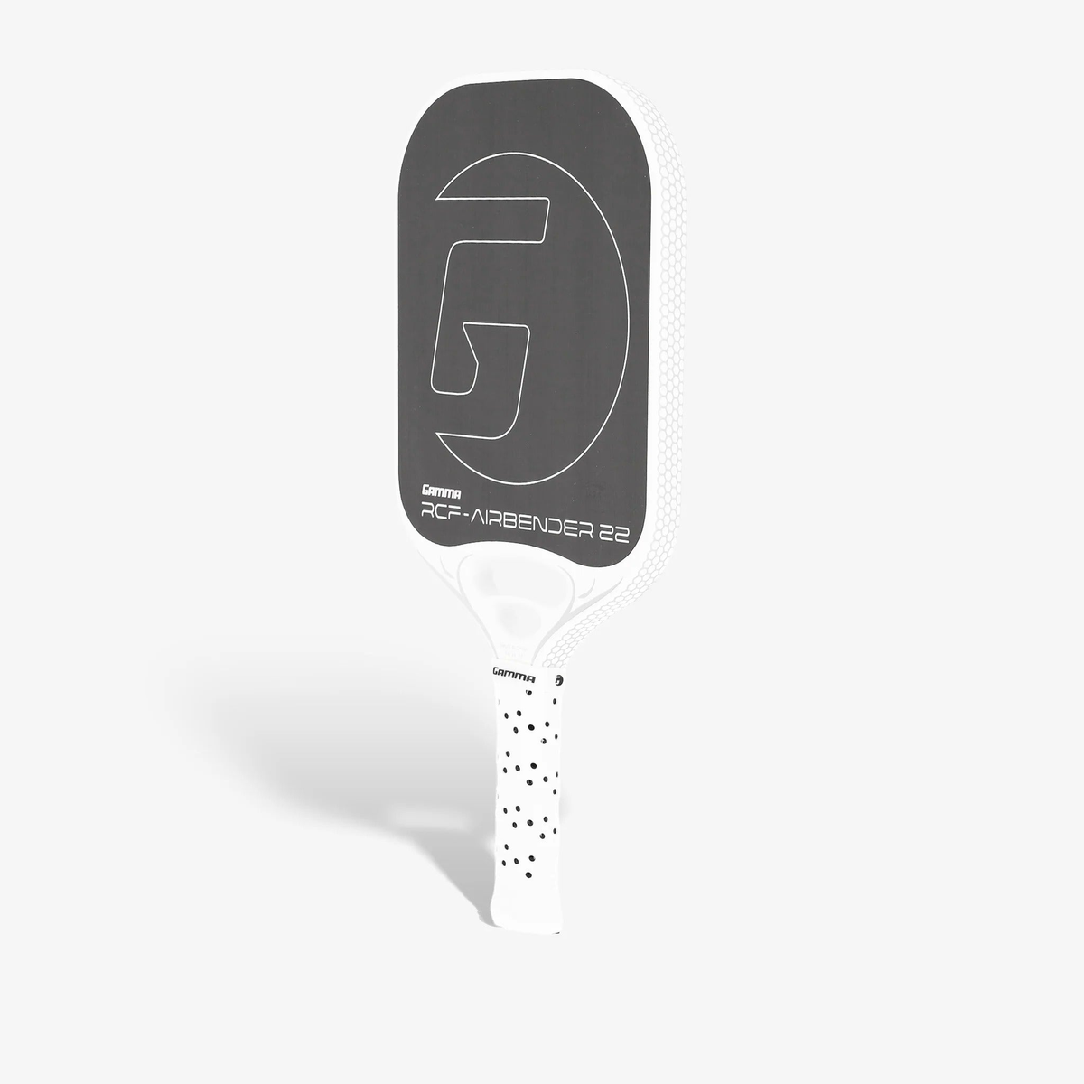 Pickleball paddle with an elongated face design, textured hitting surface, and cushioned perforated grip handle for improved control and comfort.