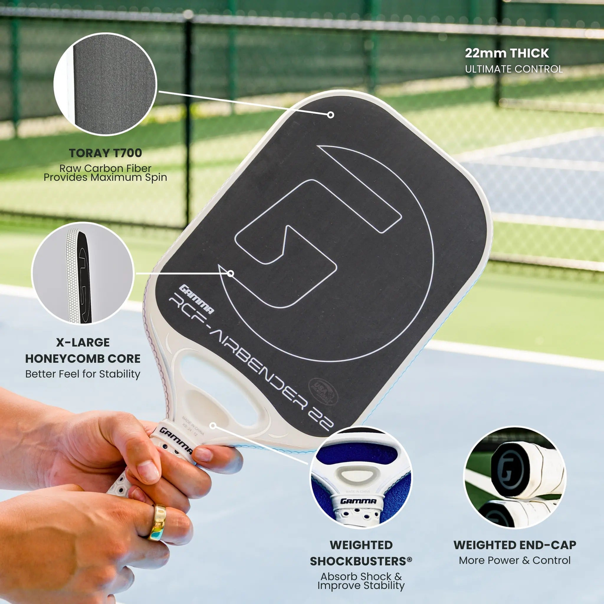 Pickleball paddle with an elongated face design, textured hitting surface, and cushioned perforated grip handle for improved control and comfort.