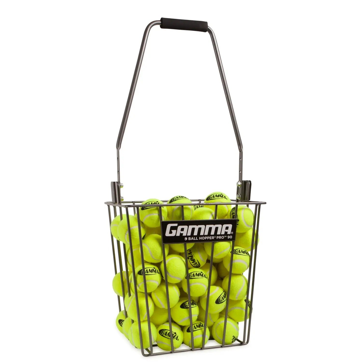 Ball hopper basket with a durable wire frame and carry handle, designed for storing and transporting balls during practice or training.