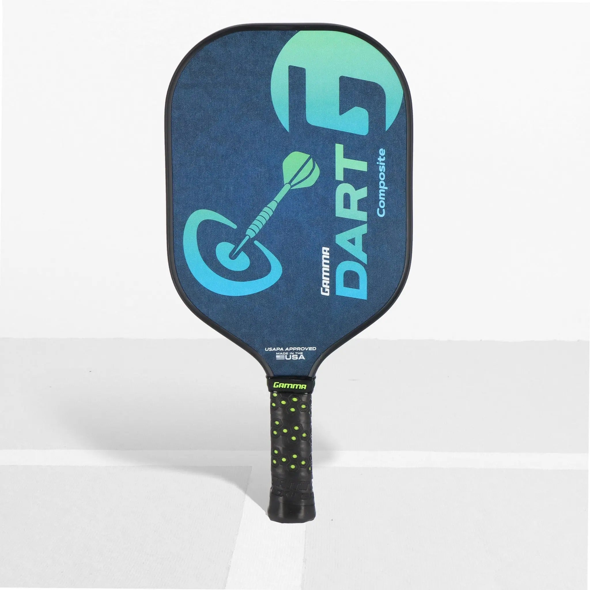 Pickleball paddle with a standard face shape, composite construction, and cushioned grip handle designed for control and comfortable play.
