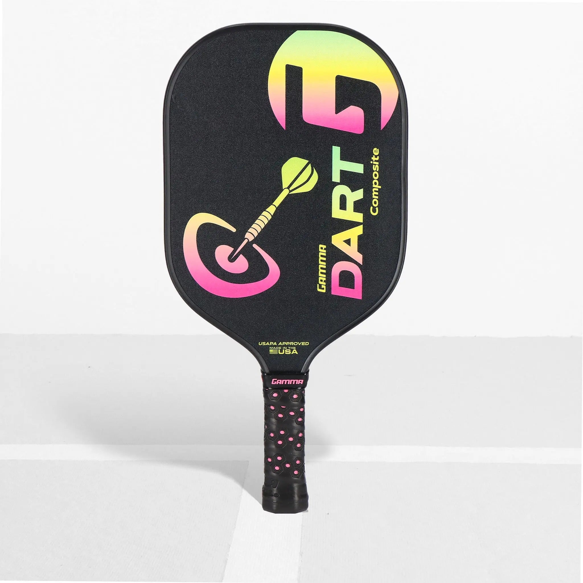 Pickleball paddle with a standard face shape, composite construction, and cushioned grip handle designed for control and comfortable play.