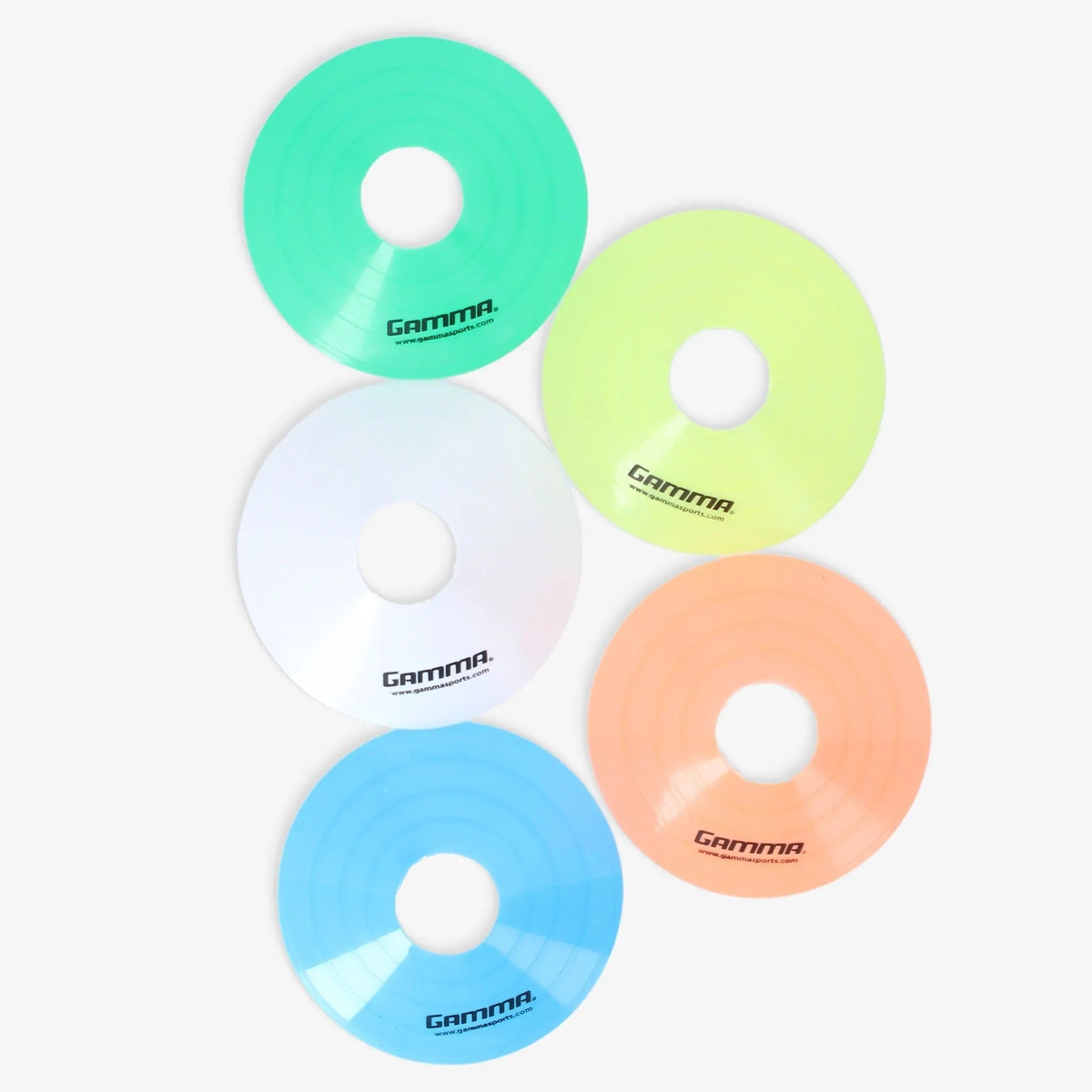 Set of low-profile disc cones used for training drills and marking boundaries on courts or fields.