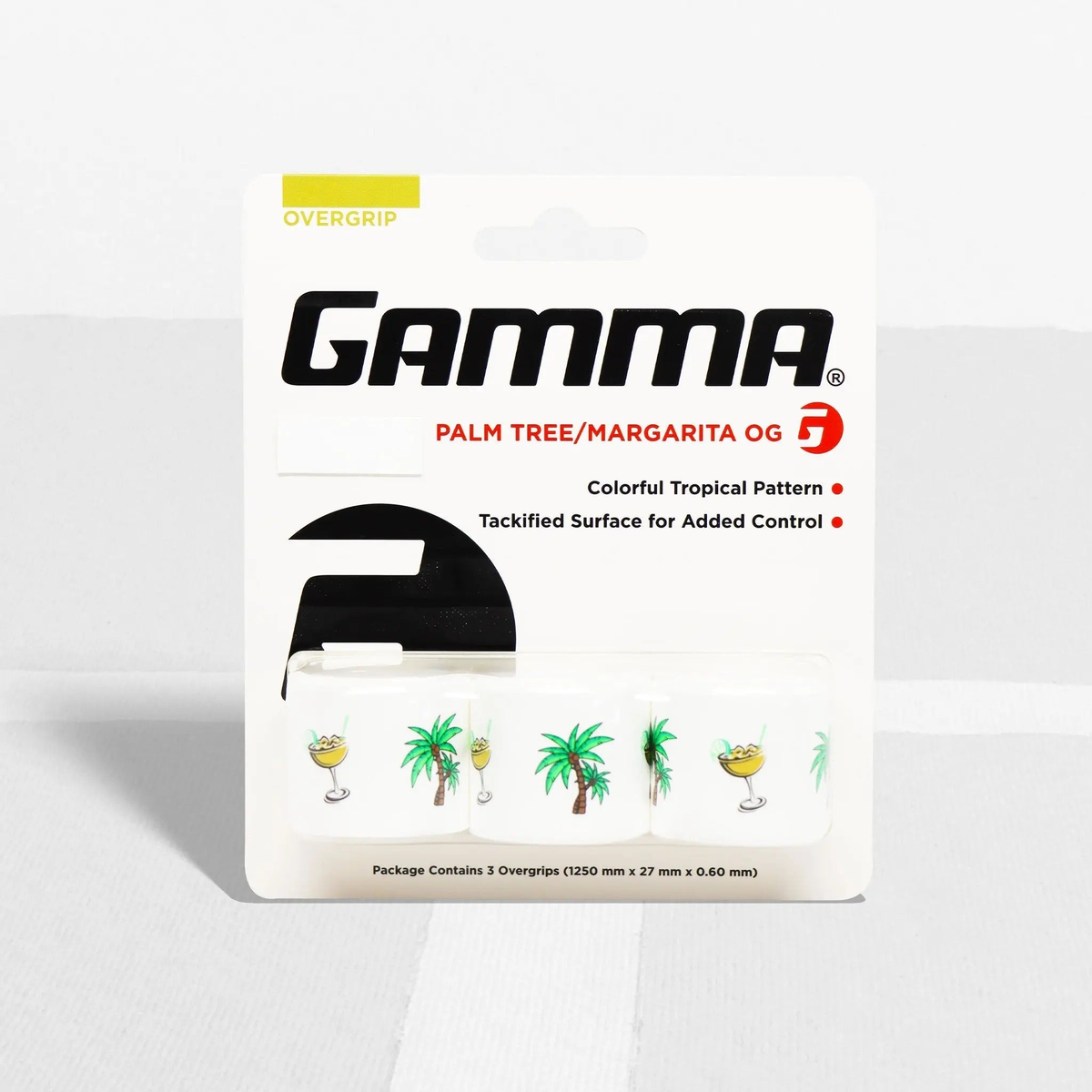 Pack of overgrips featuring a tropical-themed pattern with tacky surface for improved grip and control on racquet handles.