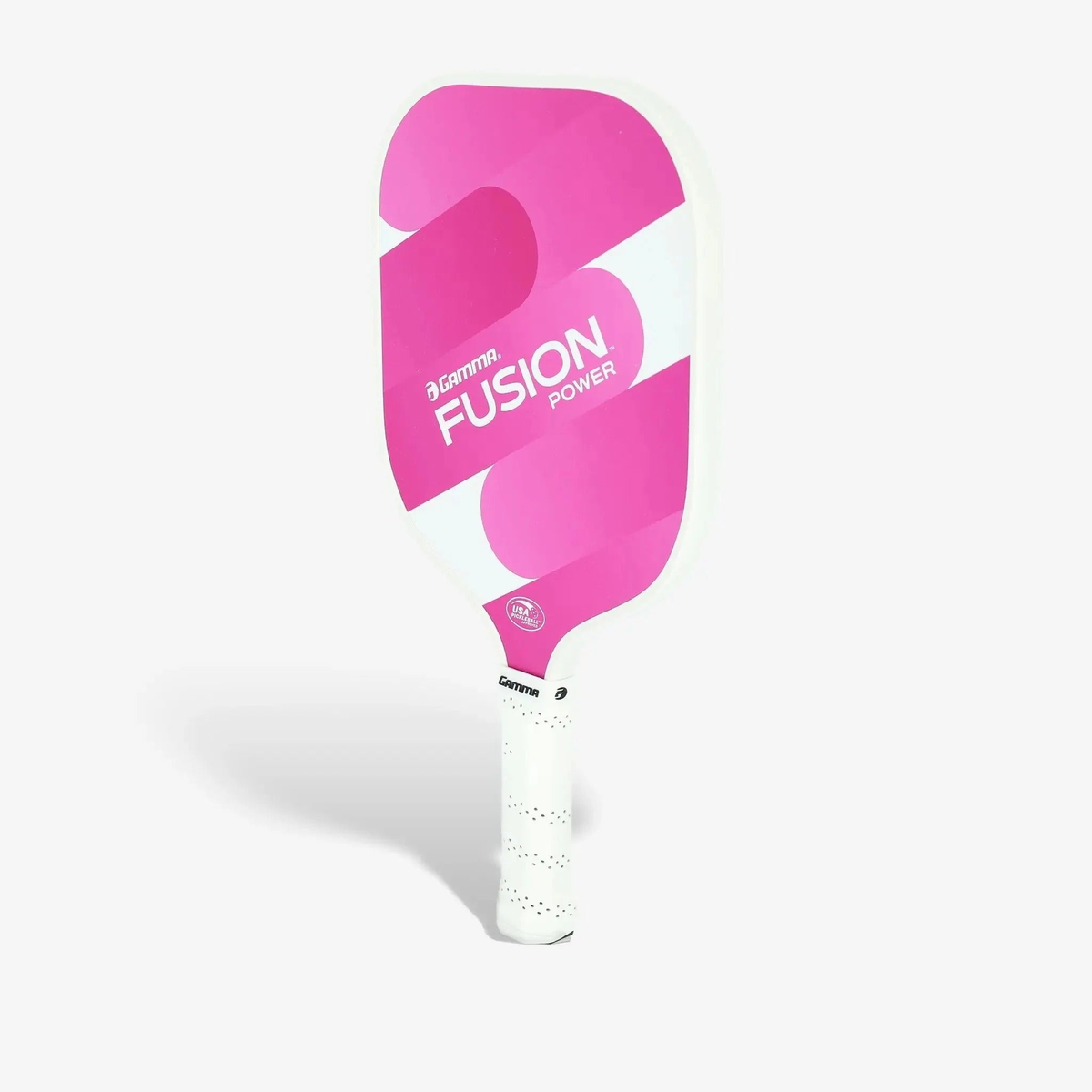 Pickleball paddle with a wide rounded face, smooth graphic design, and cushioned grip handle for enhanced power and control.