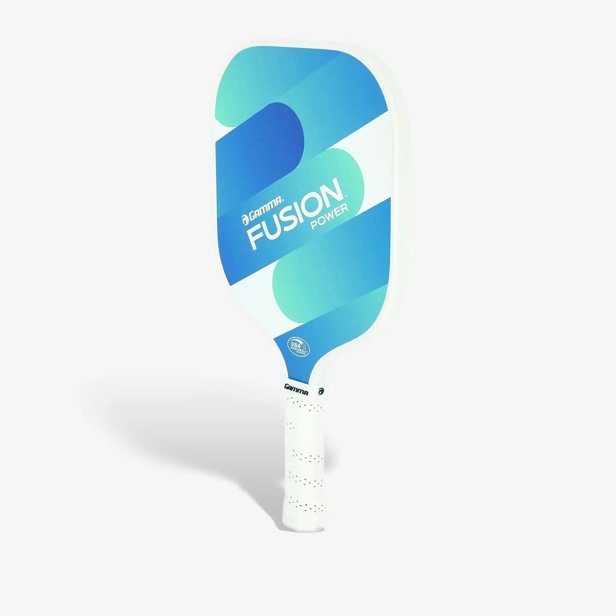Pickleball paddle with a wide rounded face, smooth graphic design, and cushioned grip handle for enhanced power and control.
