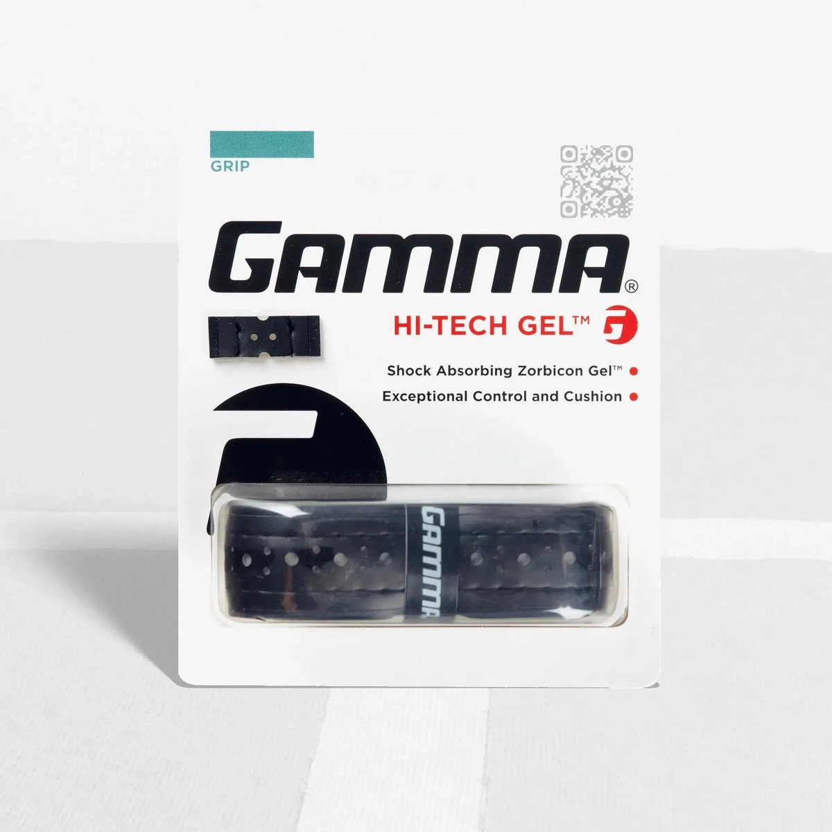 Packaged gel racquet grip with a cushioned, shock-absorbing surface designed to enhance comfort and control during play.