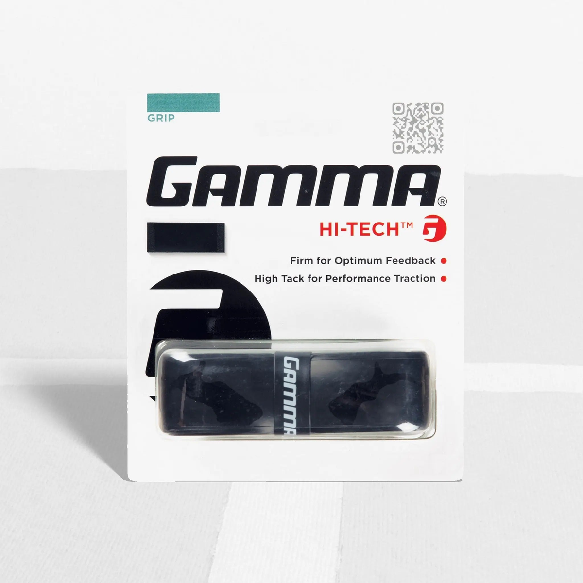 Packaged high-performance racquet grip with a firm feel and tacky surface designed for enhanced feedback and traction.