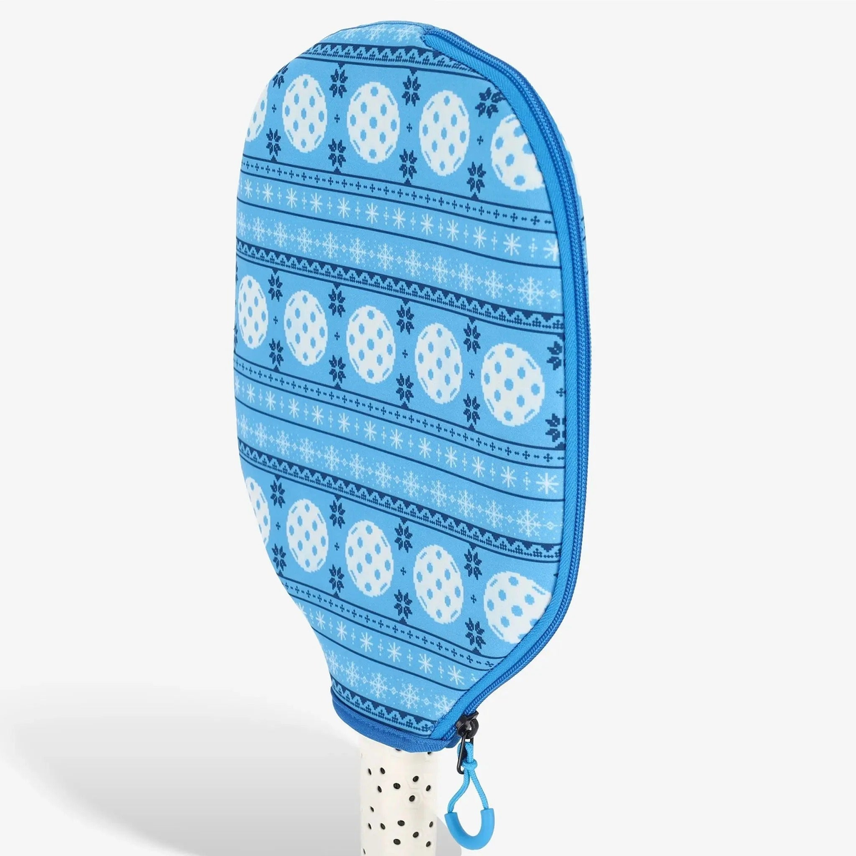 Pickleball paddle cover with a festive patterned design and zipper closure, designed to protect and store a paddle.